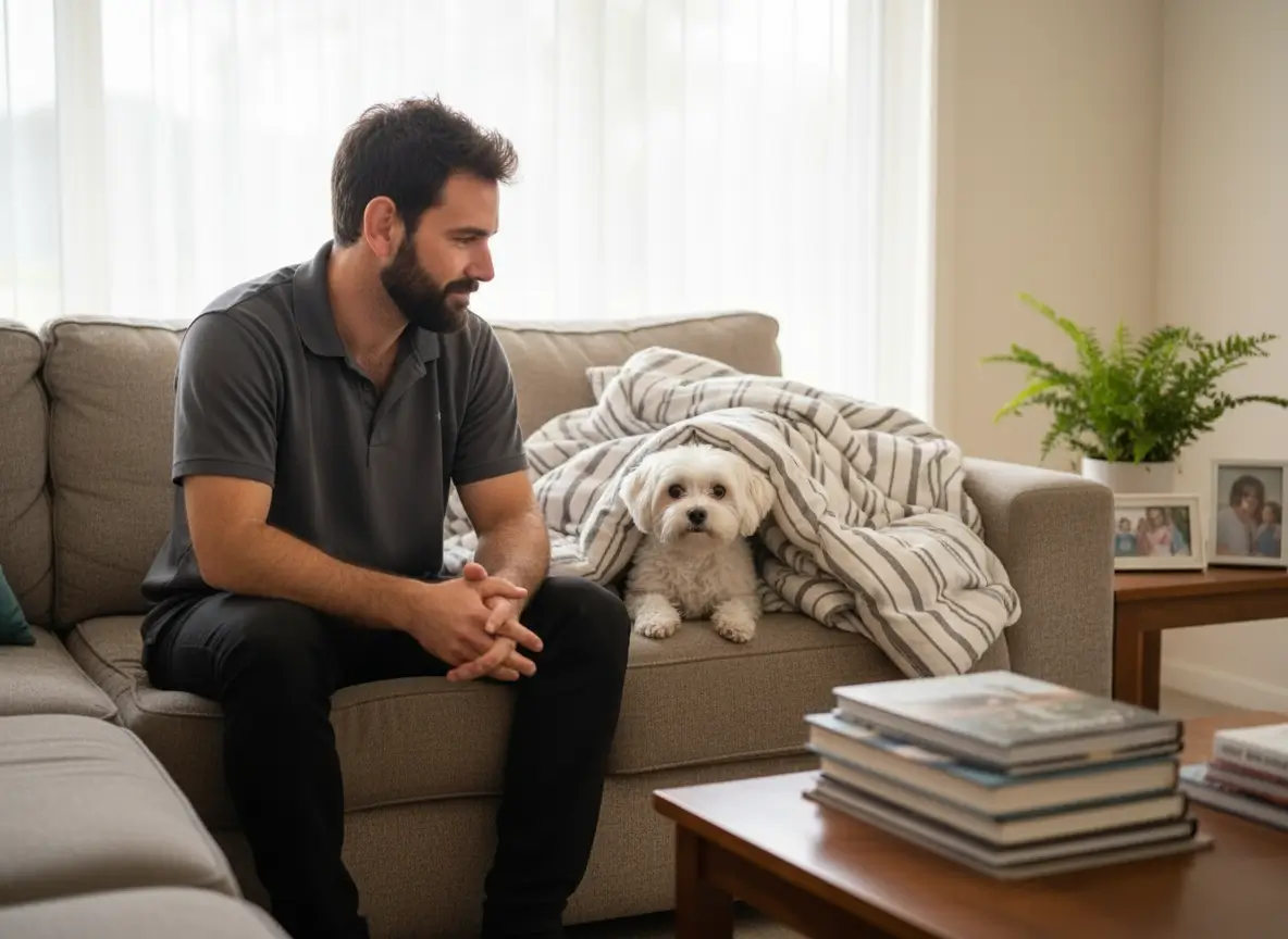Dr Stuart from Personalised Mobile Vet sits calmly on a living room couch next to a small white dog nestled under a blanket during an unhurried home visit in Ipswich.
