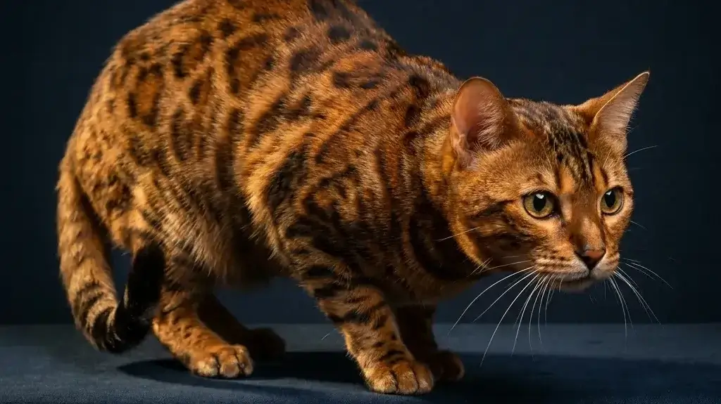 A Bengal cat crouched low on a black silk background, body tensed and ready to pounce, eyes locked forward.