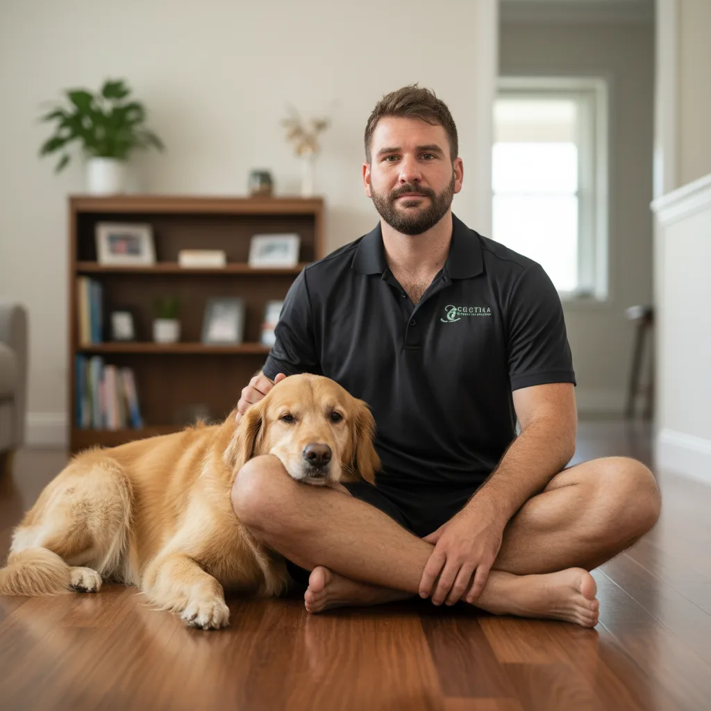 Dr Stuart Cunningham, mobile veterinarian, sitting cross-legged on a hardwood floor in shorts with a golden retriever resting its head on his leg.