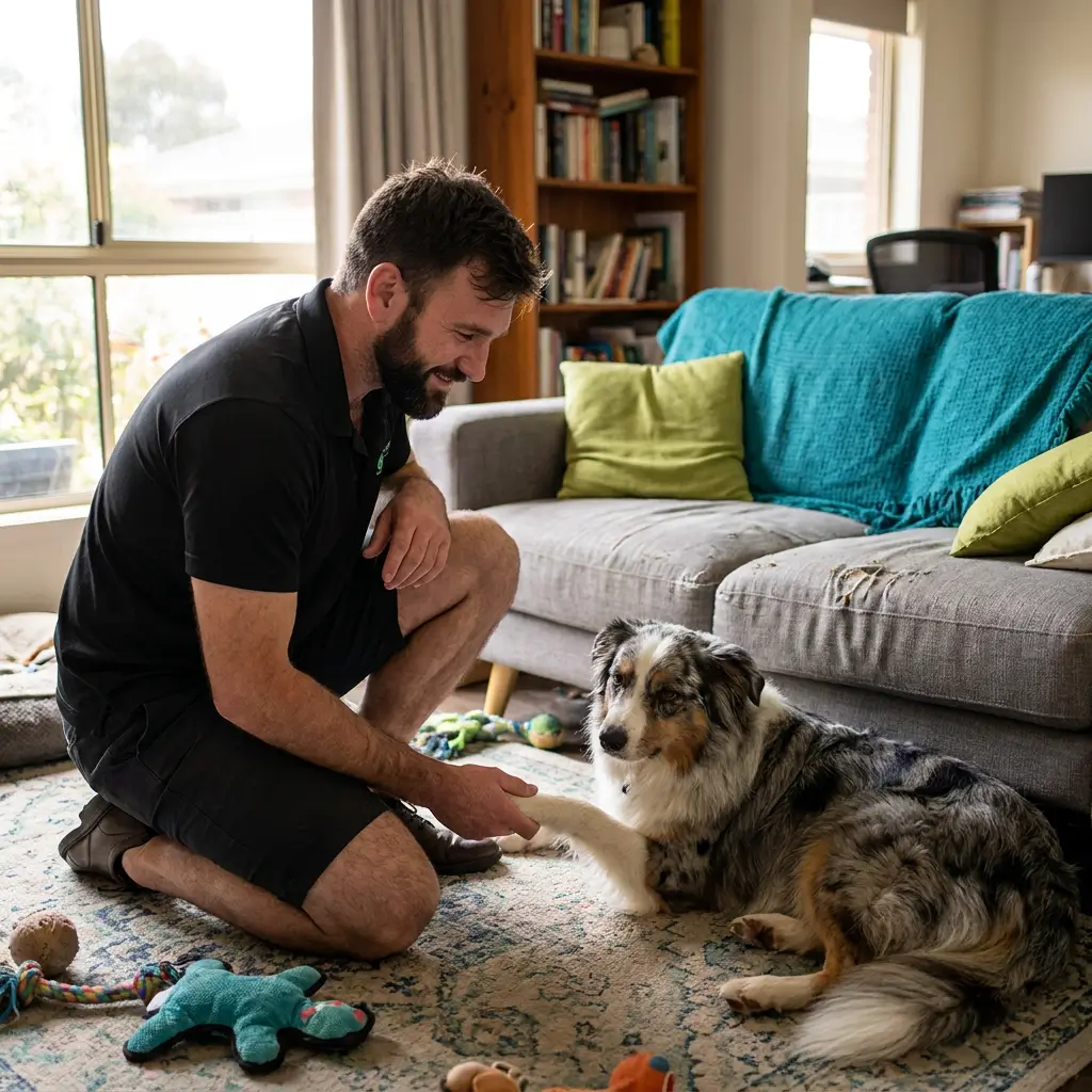 Dr Stuart from Personalised Mobile Vet kneels on a living room rug next to a calm Australian Shepherd dog shaking hands during an unhurried mobile vet visit in Moreton Bay.