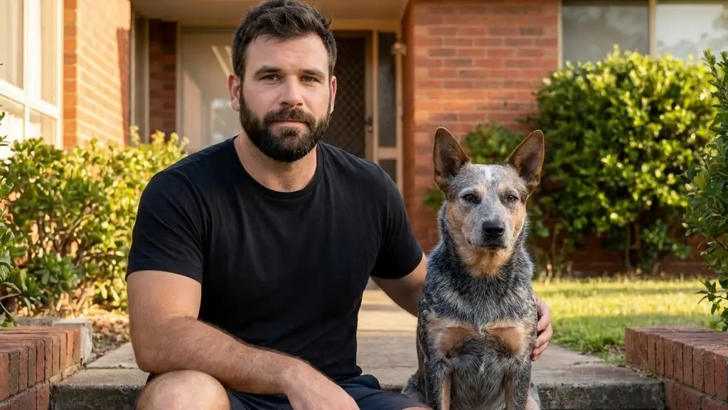 Dr Stuart from Personalised Mobile Vet sits calmly on the front brick steps of a brick house next to a relaxed Blue Heeler dog during a home visit in the Lockyer Valley.