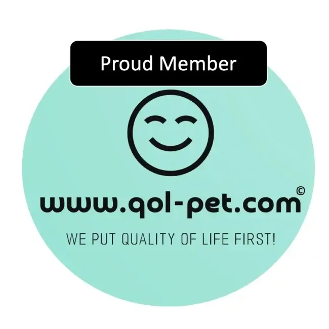 Light green circular badge reading Proud Member of qol-pet.com with a smiling face icon and the slogan We Put Quality of Life First.