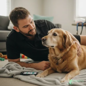 Dr Stu sitting with an elderly golden retriever at home during a gentle end-of-life consultation in Brisbane