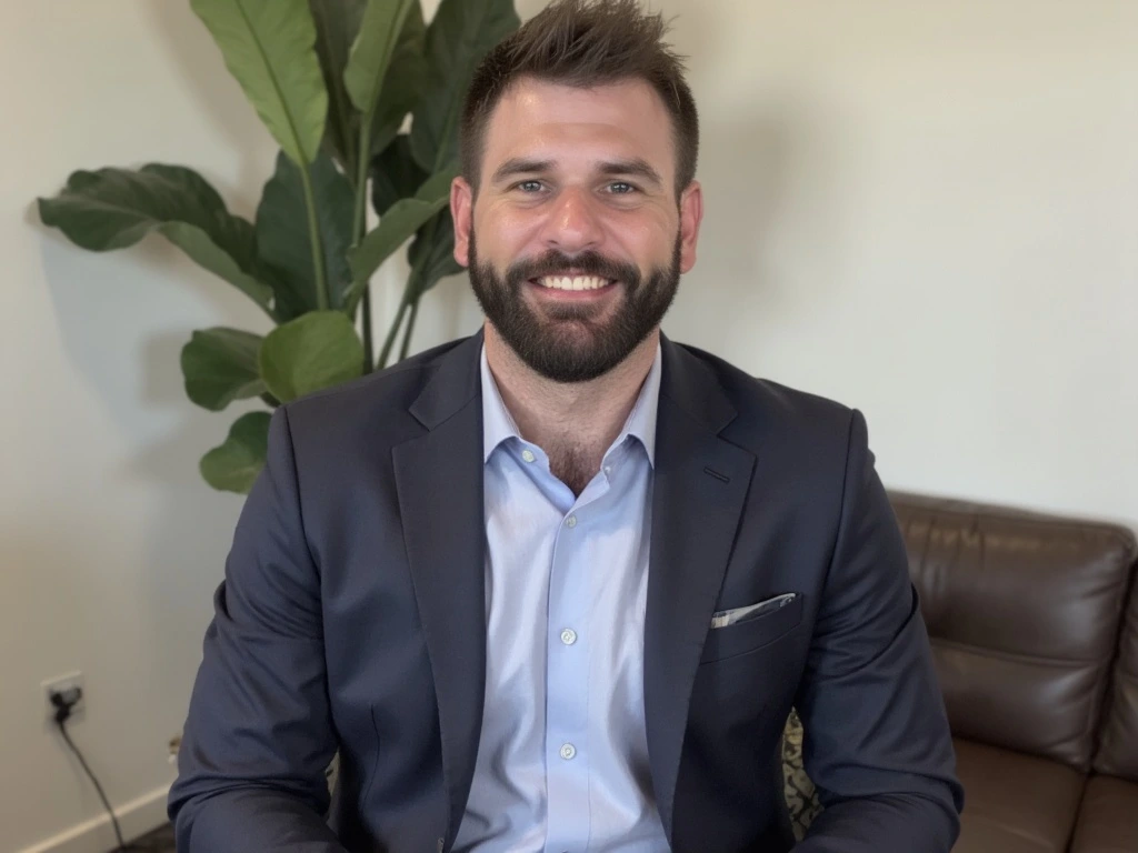 Dr Stuart Cunningham, Brisbane mobile veterinarian, smiling in a blue suit indoors for Personalised Mobile Vet profile photo
