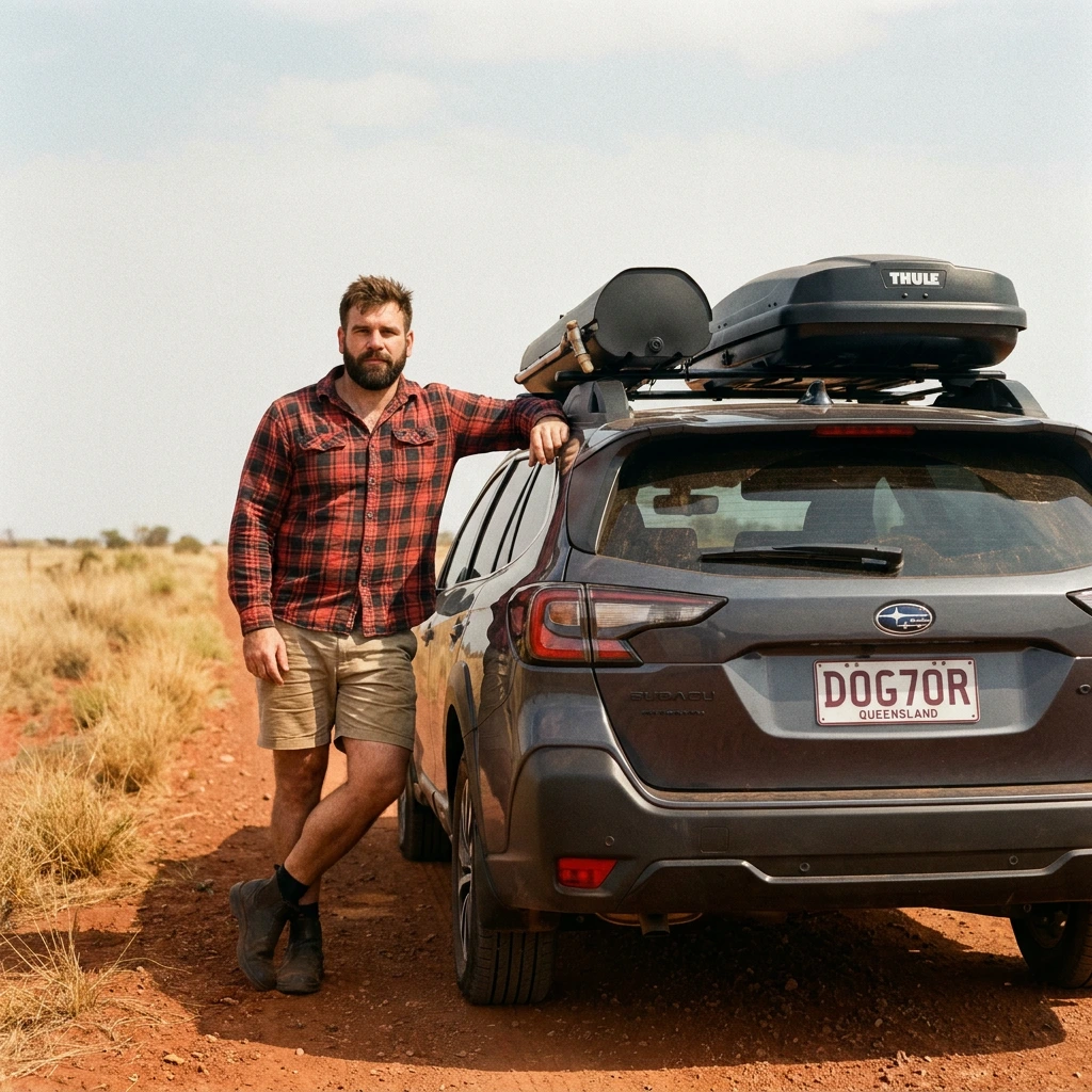 Mobile vet standing beside a grey Subaru Outback on a red outback dirt road, Queensland number plate DOG7OR