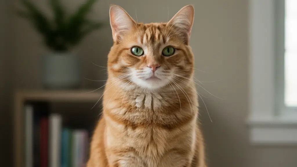 A calm, beautiful ginger tabby cat with green eyes sits comfortably on a soft blanket on a bed during a stress-free mobile vet consultation on Brisbane Southside.