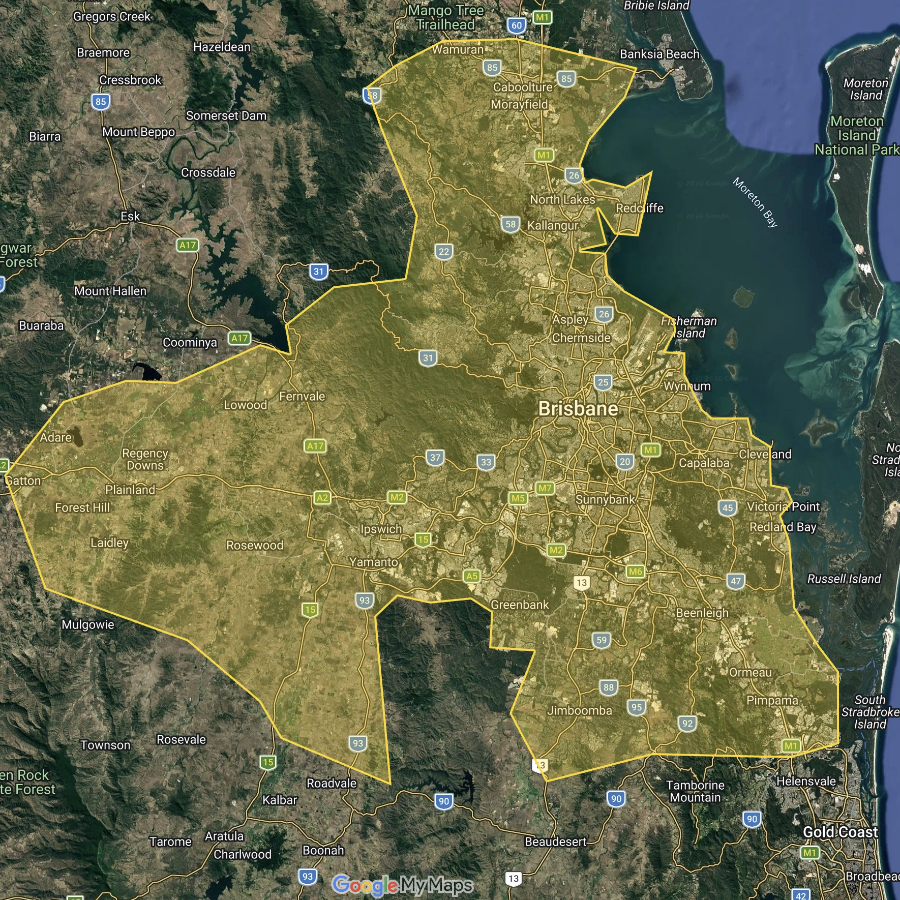 Satellite map of South East Queensland with a yellow outline showing the Personalised Mobile Vet house-call service area, covering Brisbane, Ipswich, Logan, Moreton Bay, Redland City and the Lockyer Valley.