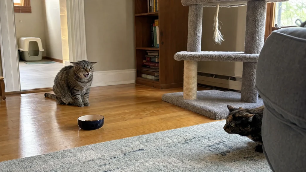 Tabby cat hissing with flattened ears near a litter tray while a tortoiseshell cat crouches behind a sofa in a multi-cat household
